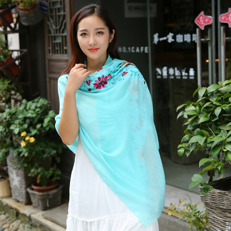 Ethnic Style Embroidered Floral Scarf Shawl Sunscreen Silk Female