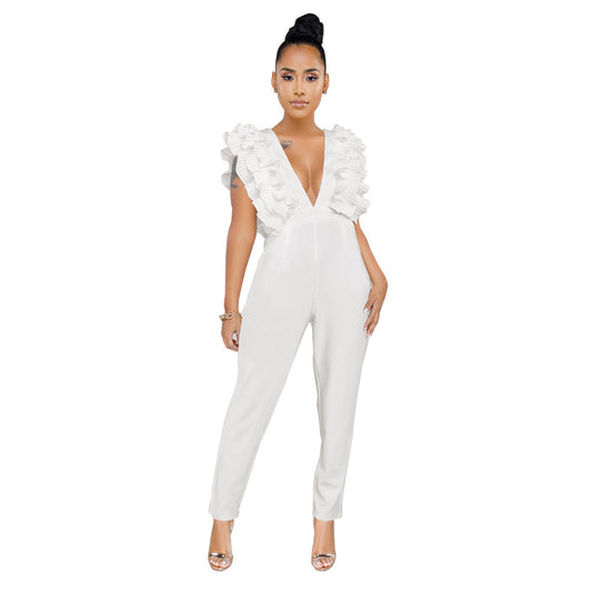 Deep V-neck solid color jumpsuit
