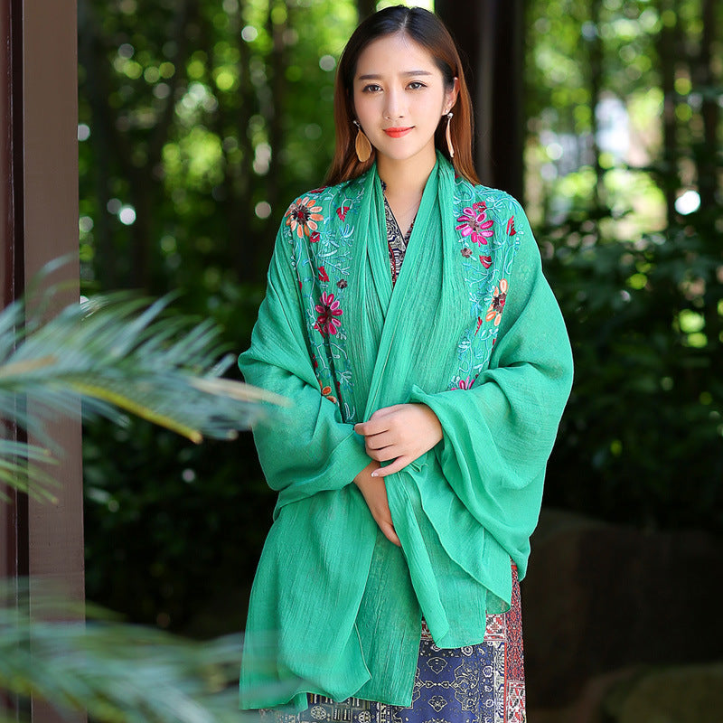 Ethnic Style Embroidered Floral Scarf Shawl Sunscreen Silk Female
