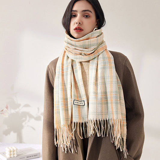 Women's Fashionable Plaid Printed Tassel Shawl Warm Scarf