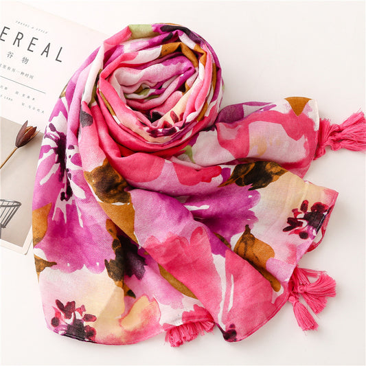New Blooming Color Cotton And Linen Feel Scarf Soft Shawl