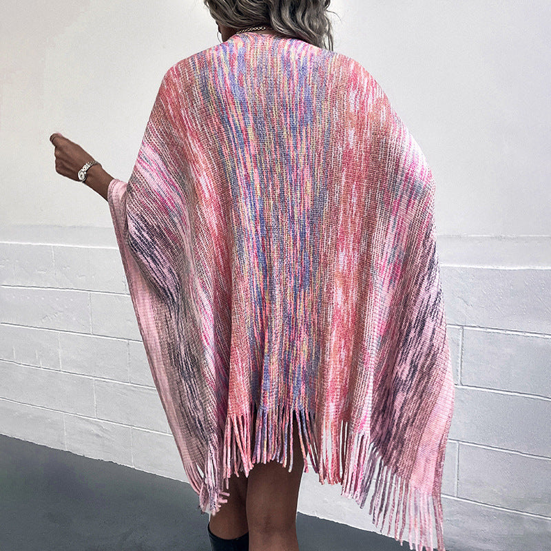 Contrast Color Wool Ball Tassel Knitted Shawl Coat For Women