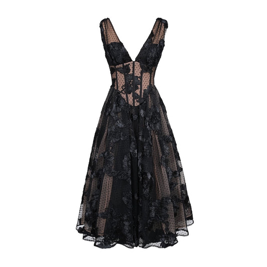 Black Deep V-neck Mesh A- Line High-end Evening Dress