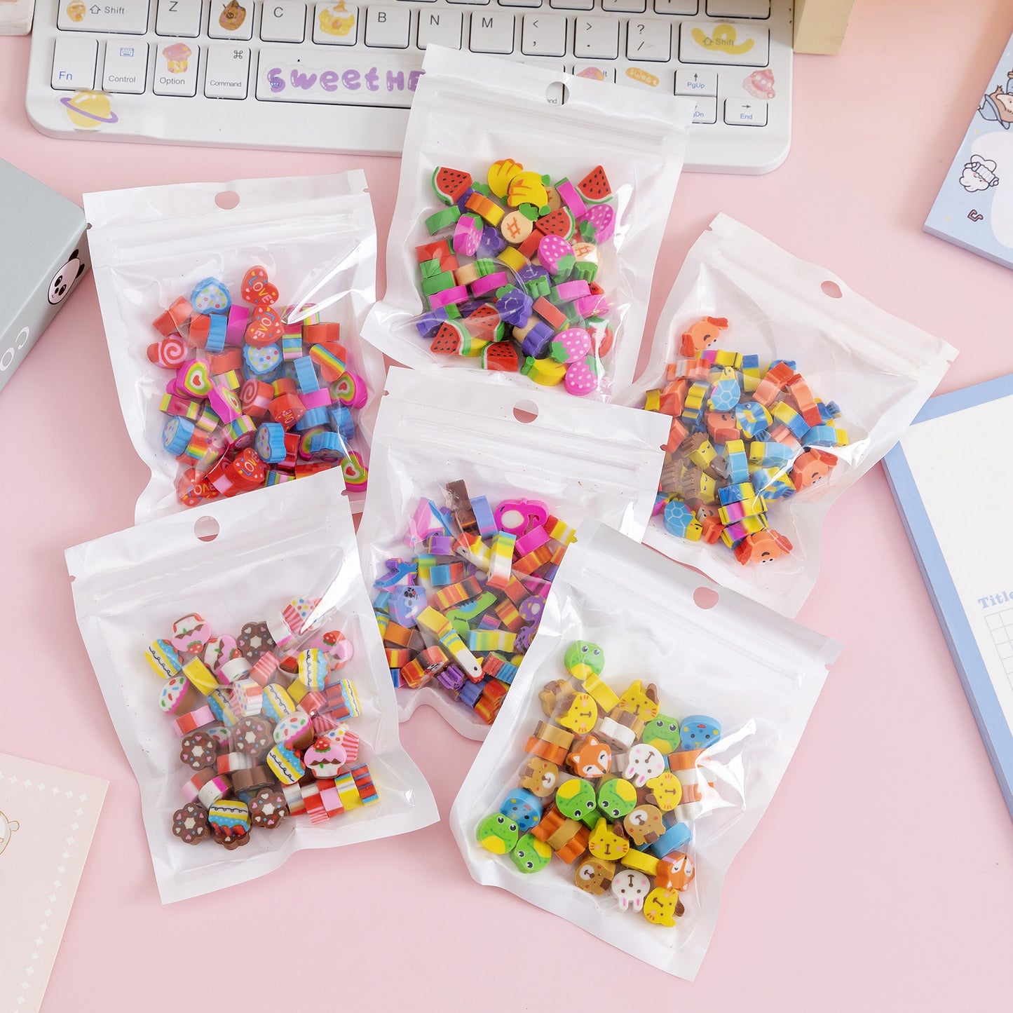 50 PCs Pearlescent Film Bags Cartoon Fruit Mini Eraser