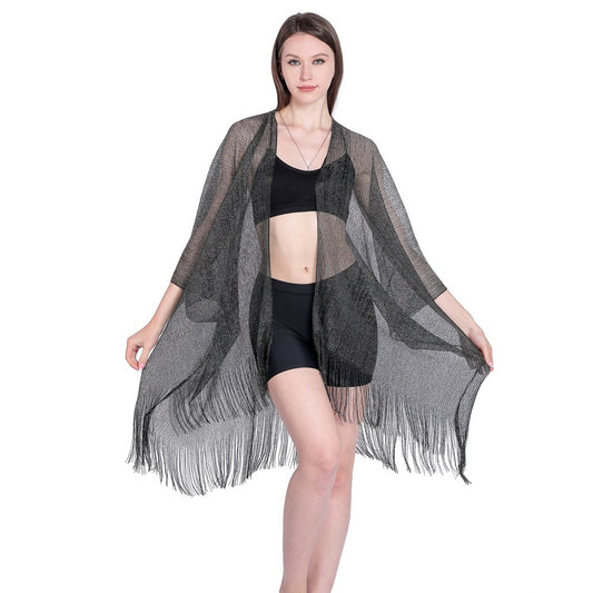 Gold And Silver Ribbon Sleeve Split Shawl Holiday Bikini Blouse Sunscreen Clothes