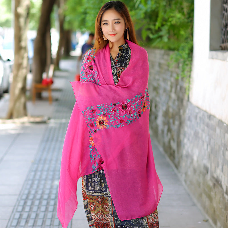 Ethnic Style Embroidered Floral Scarf Shawl Sunscreen Silk Female