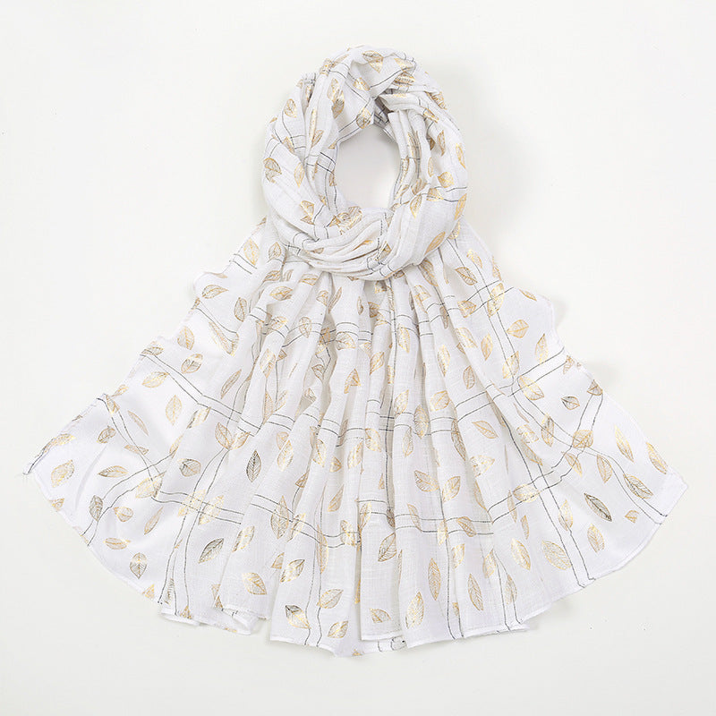Leaves Bronzing Cotton And Linen Feel Scarf Thin
