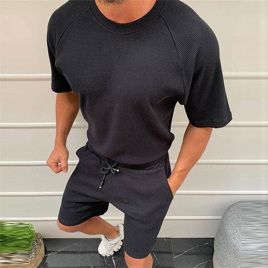 Men's Summer Short Sleeve Solid Color Casual Suit