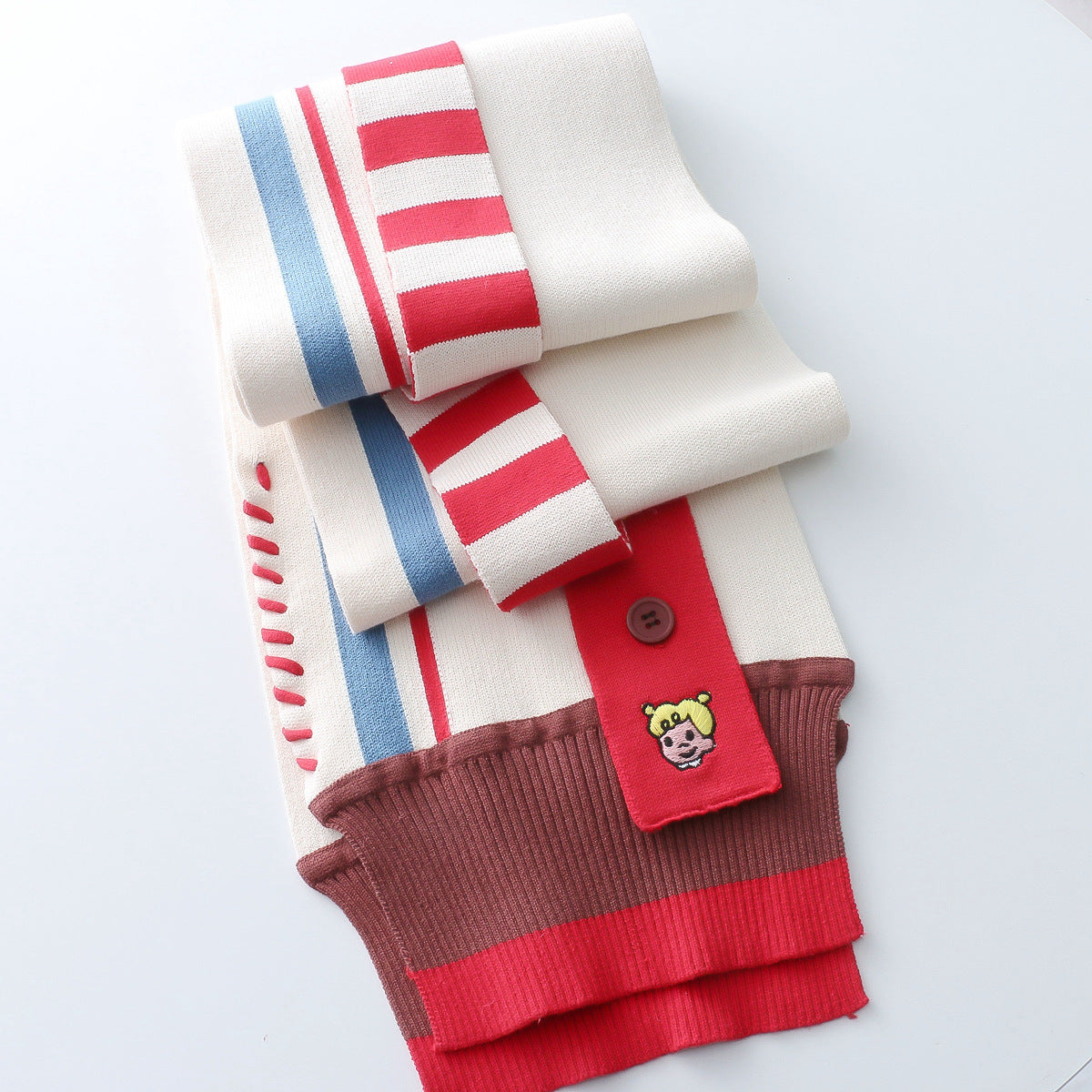 Cartoon Embroidery Contrast Color Striped Thick Thermal Knitting Scarf