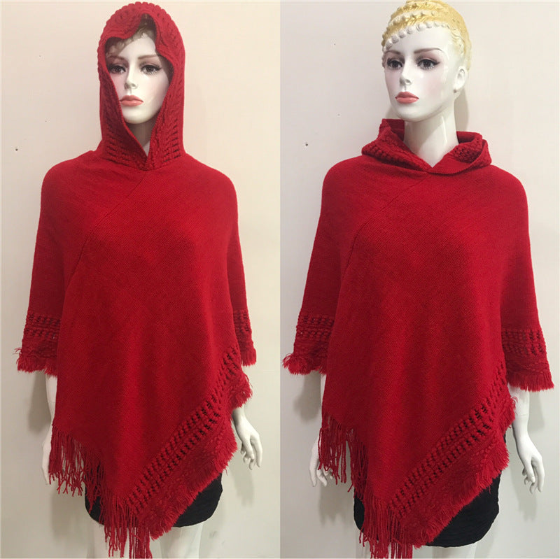 Solid Color Hollow Tassel Plus Size Cape And Shawl
