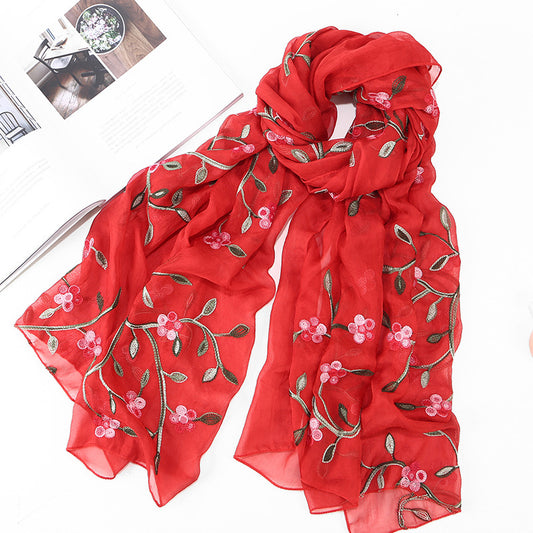 Women's Chiffon Flower Embroidered Silk Scarf Beach Shawl