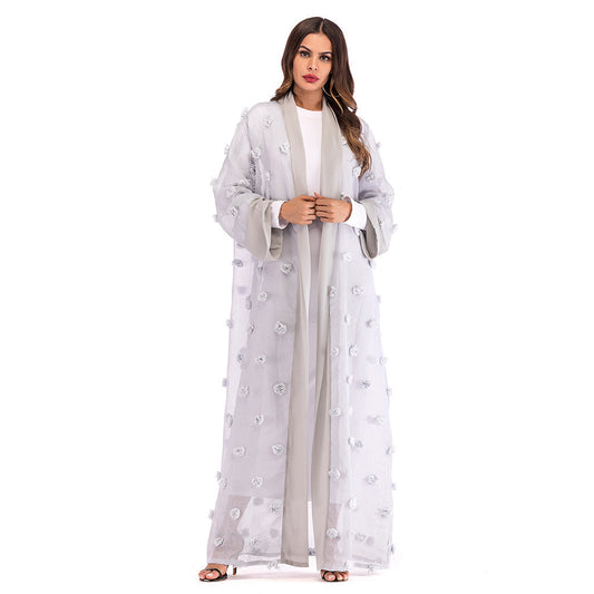 3D Floral Mesh Loose Lace Up Long Sleeved Cardigan Robe For Women