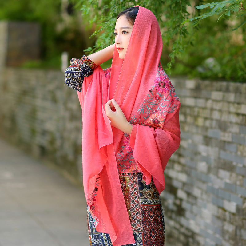 Ethnic Style Embroidered Floral Scarf Shawl Sunscreen Silk Female