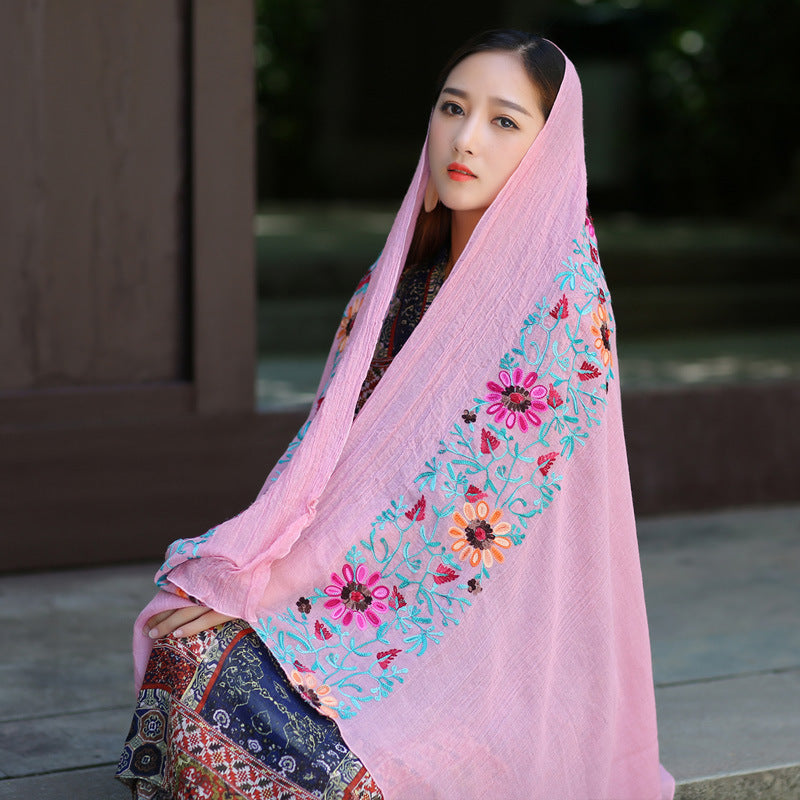 Ethnic Style Embroidered Floral Scarf Shawl Sunscreen Silk Female