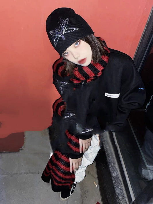 Harajuku Punk Fashion Grey Red Black Striped Scarf