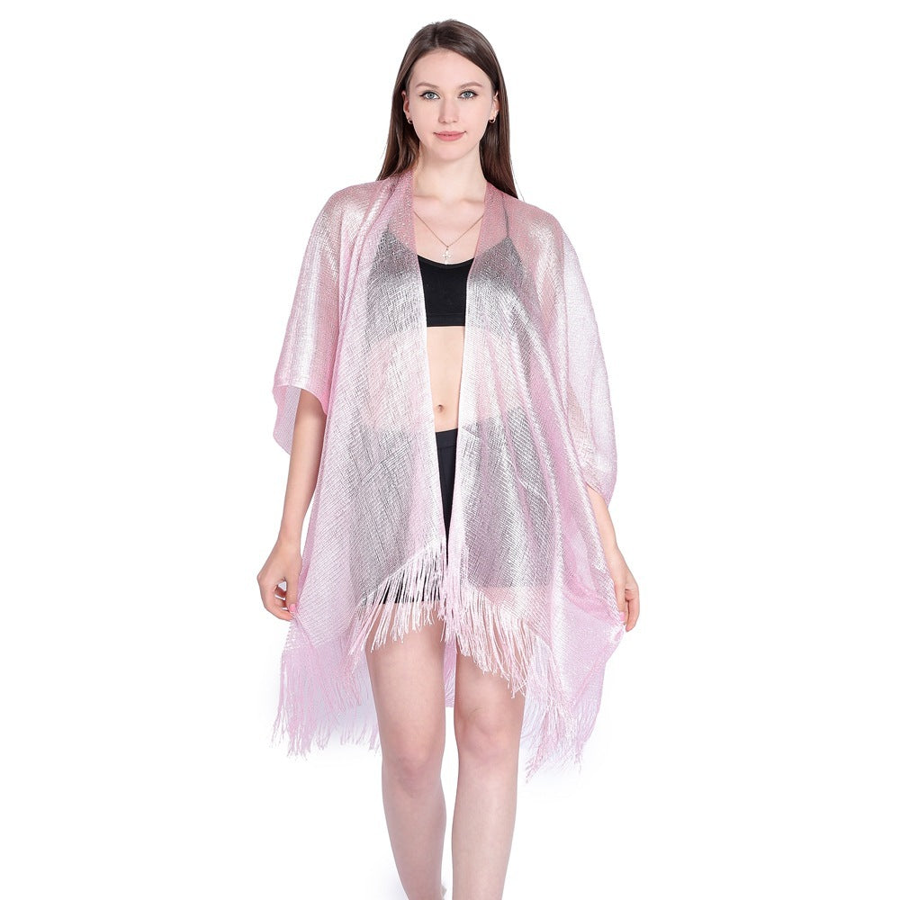 Gold And Silver Ribbon Sleeve Split Shawl Holiday Bikini Blouse Sunscreen Clothes
