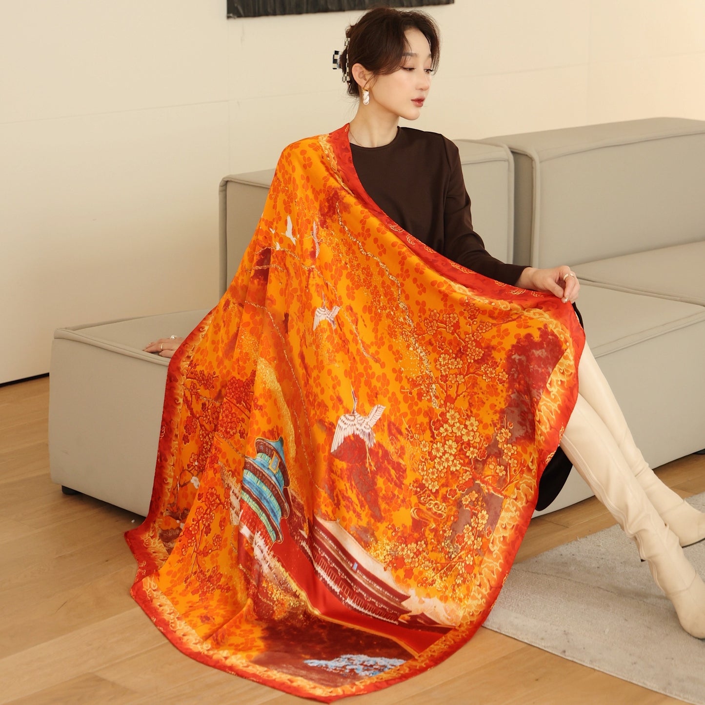Women's Square Scarf Cashew Satin Print