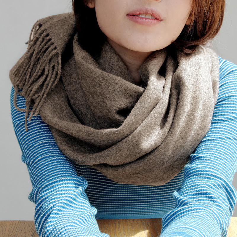 Pure Wool Scarf Women's Warm Tassel Solid Color Scarf