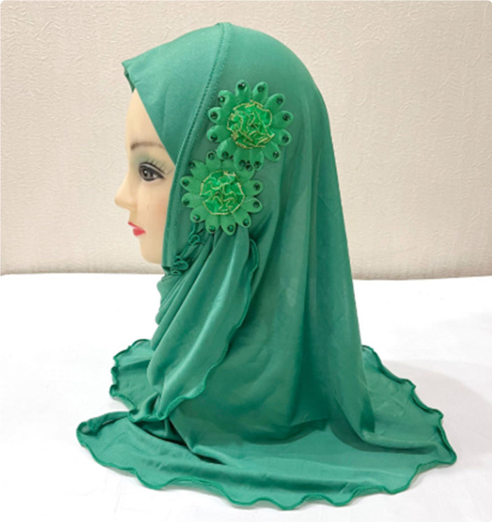 Little Girl Turban Hat Two Flowers Veil