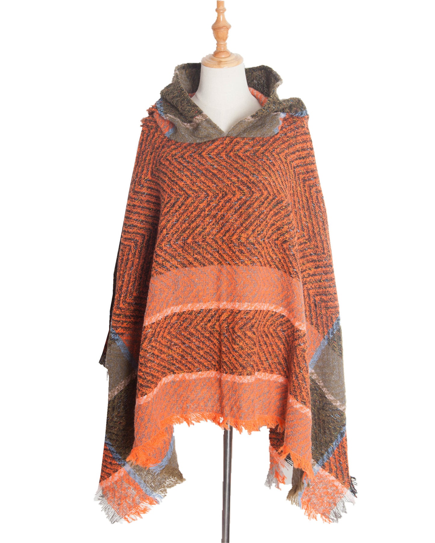 Fishbone Pattern Ladies Hooded Shawl Pullover Cloak