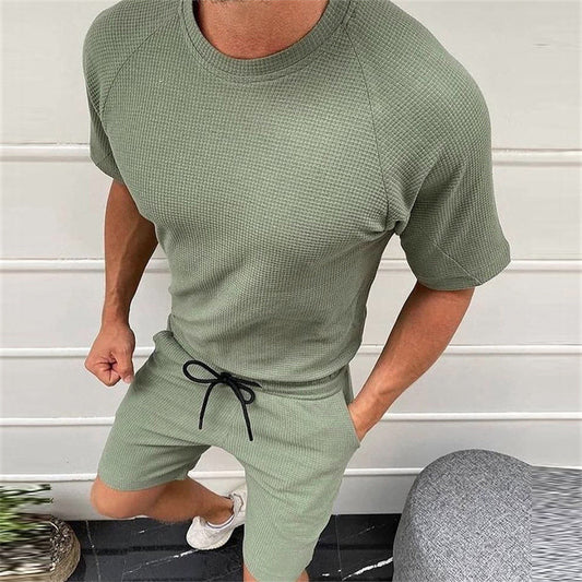 Men's Summer Short Sleeve Solid Color Casual Suit