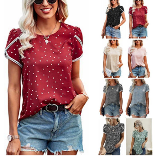 Women's Top Casual Floral Print Lace Crochet Short Sleeves