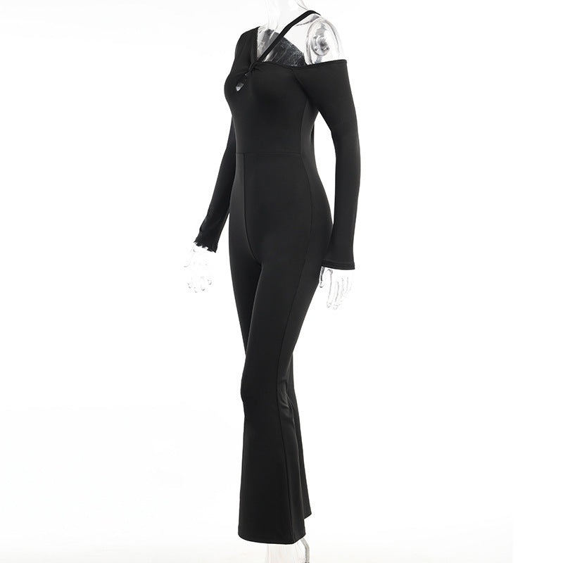 Asymmetrical Strapless Jumpsuit Women's Winter Slim Temperament Simple Flared Pants