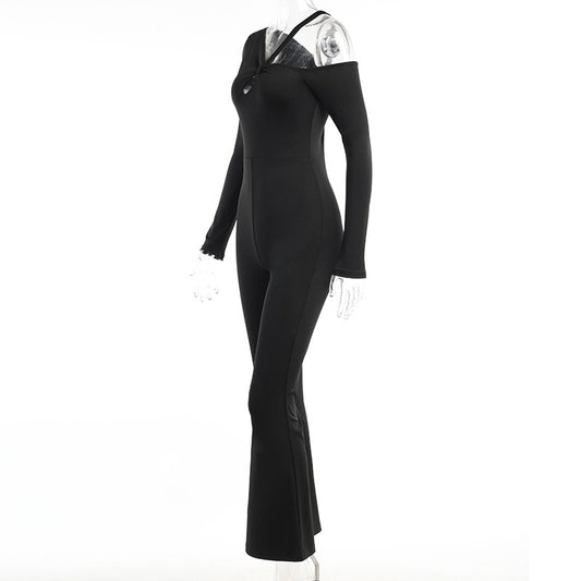 Asymmetrical Strapless Jumpsuit Women's Winter Slim Temperament Simple Flared Pants