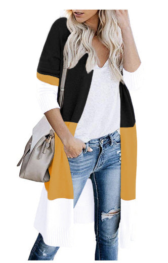 Three-color stitching striped long sweater coat