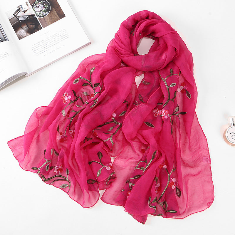 Women's Chiffon Flower Embroidered Silk Scarf Beach Shawl