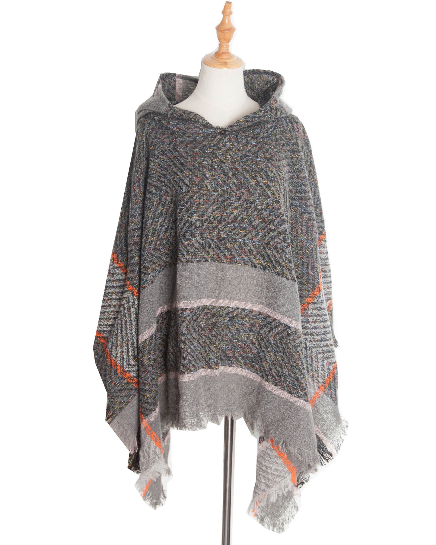 Fishbone Pattern Ladies Hooded Shawl Pullover Cloak