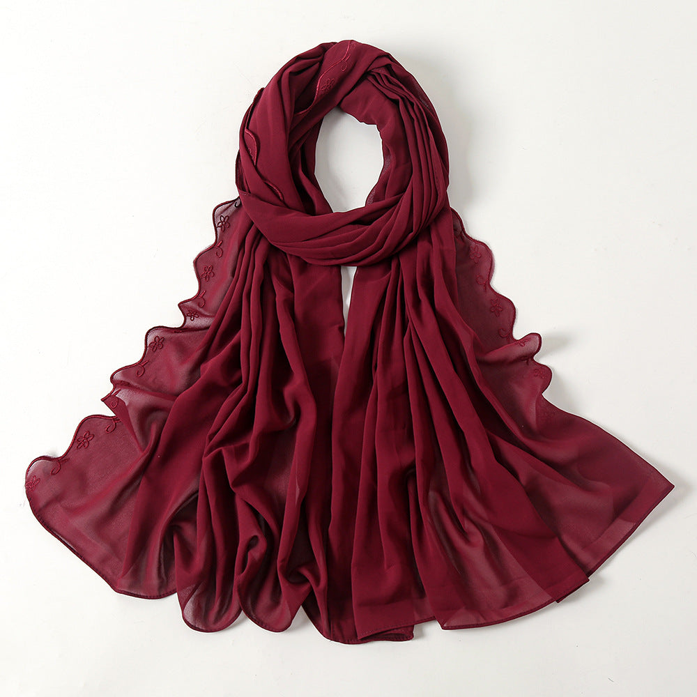 Women's Pearl Chiffon Lace Embroidered Headband Fashion Silk Scarf