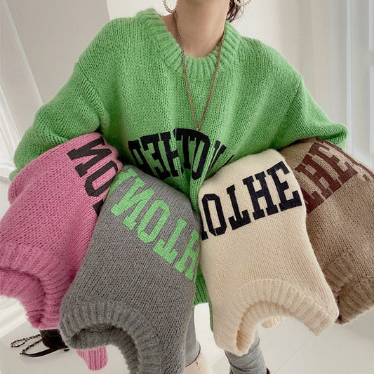 Candy Color Round Neck Letter Print Loose Long-sleeved Knitted Sweater