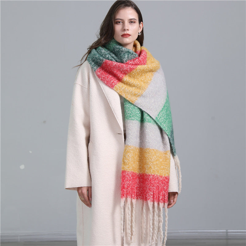 Scarf Plaid European And American Plus Long Fringe Bib Fashion Striped Color Matching Winter Scarf Shawl Thick Beard