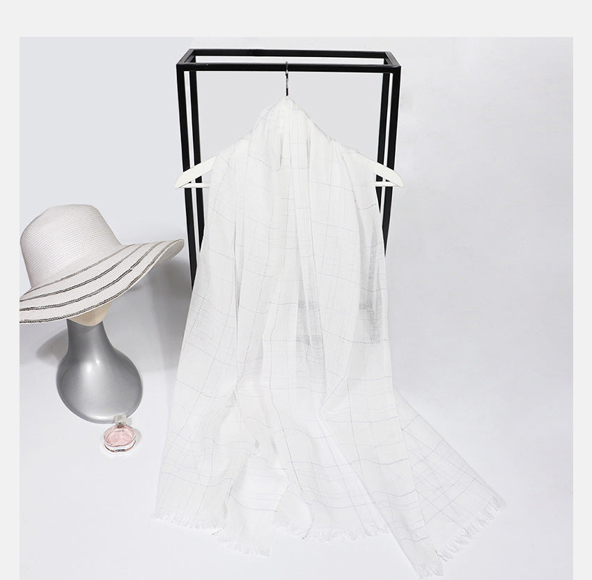Spring And Summer Blended Yarn Cotton And Linen Plaid Lightweight Breathable Scarf