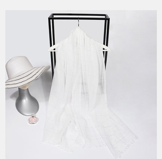 Spring And Summer Blended Yarn Cotton And Linen Plaid Lightweight Breathable Scarf