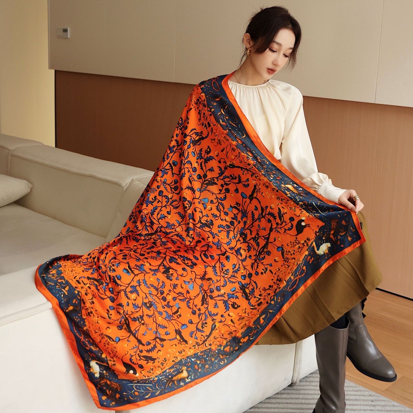 Women's Square Scarf Cashew Satin Print