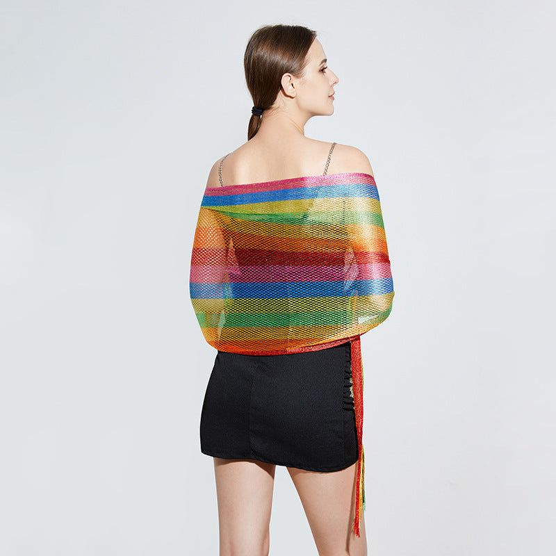 Rainbow Striped Long Beard Sunscreen Shawl Scarf