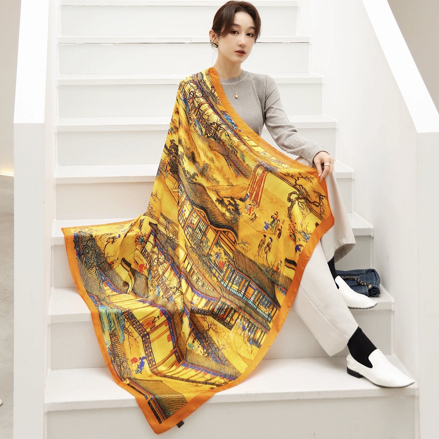 Women's Square Scarf Cashew Satin Print