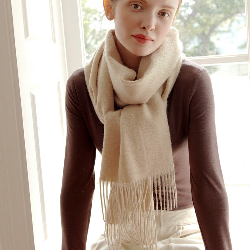 Pure Wool Scarf Women's Warm Tassel Solid Color Scarf