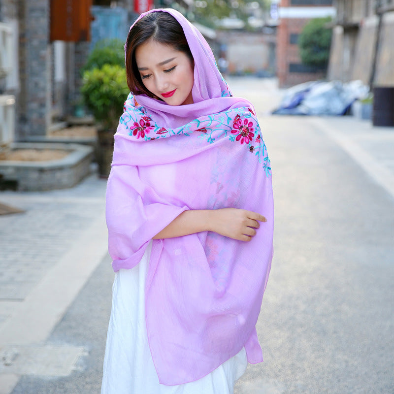 Ethnic Style Embroidered Floral Scarf Shawl Sunscreen Silk Female