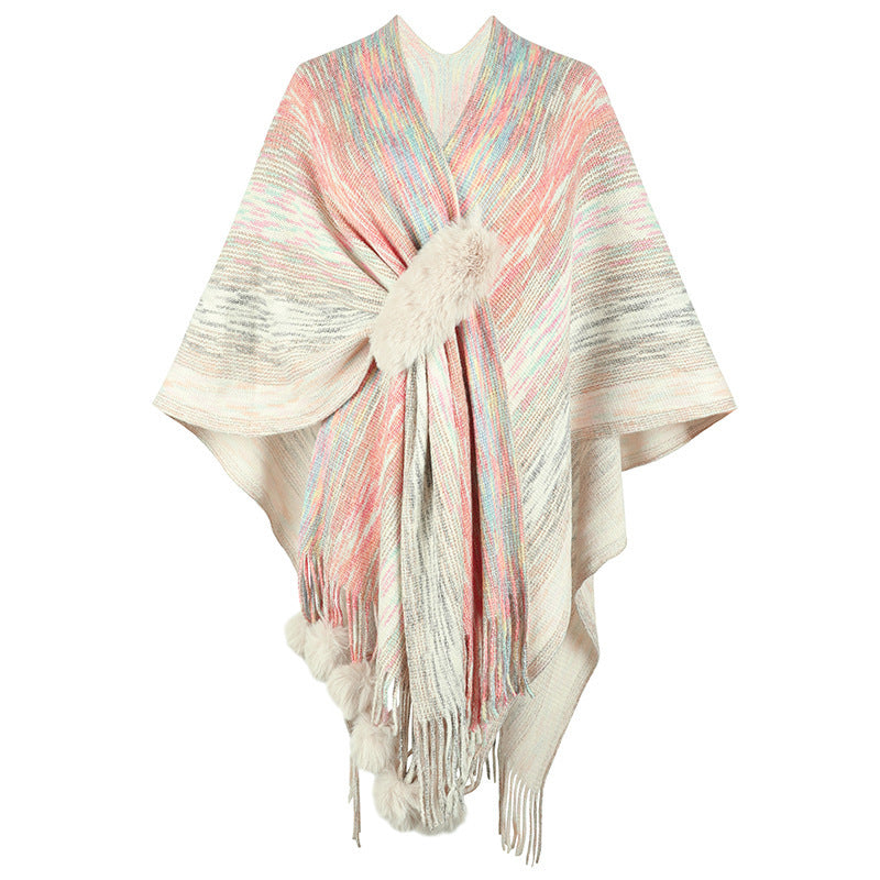 Contrast Color Wool Ball Tassel Knitted Shawl Coat For Women