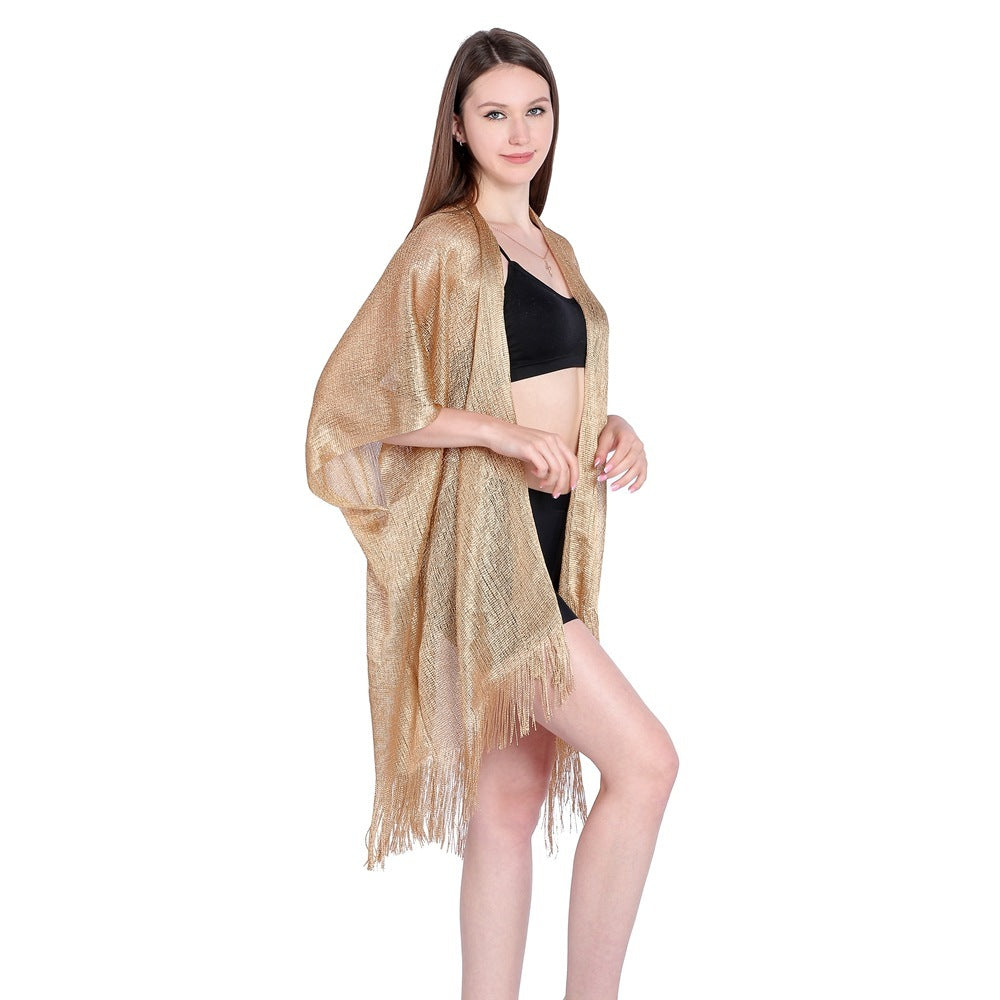 Gold And Silver Ribbon Sleeve Split Shawl Holiday Bikini Blouse Sunscreen Clothes