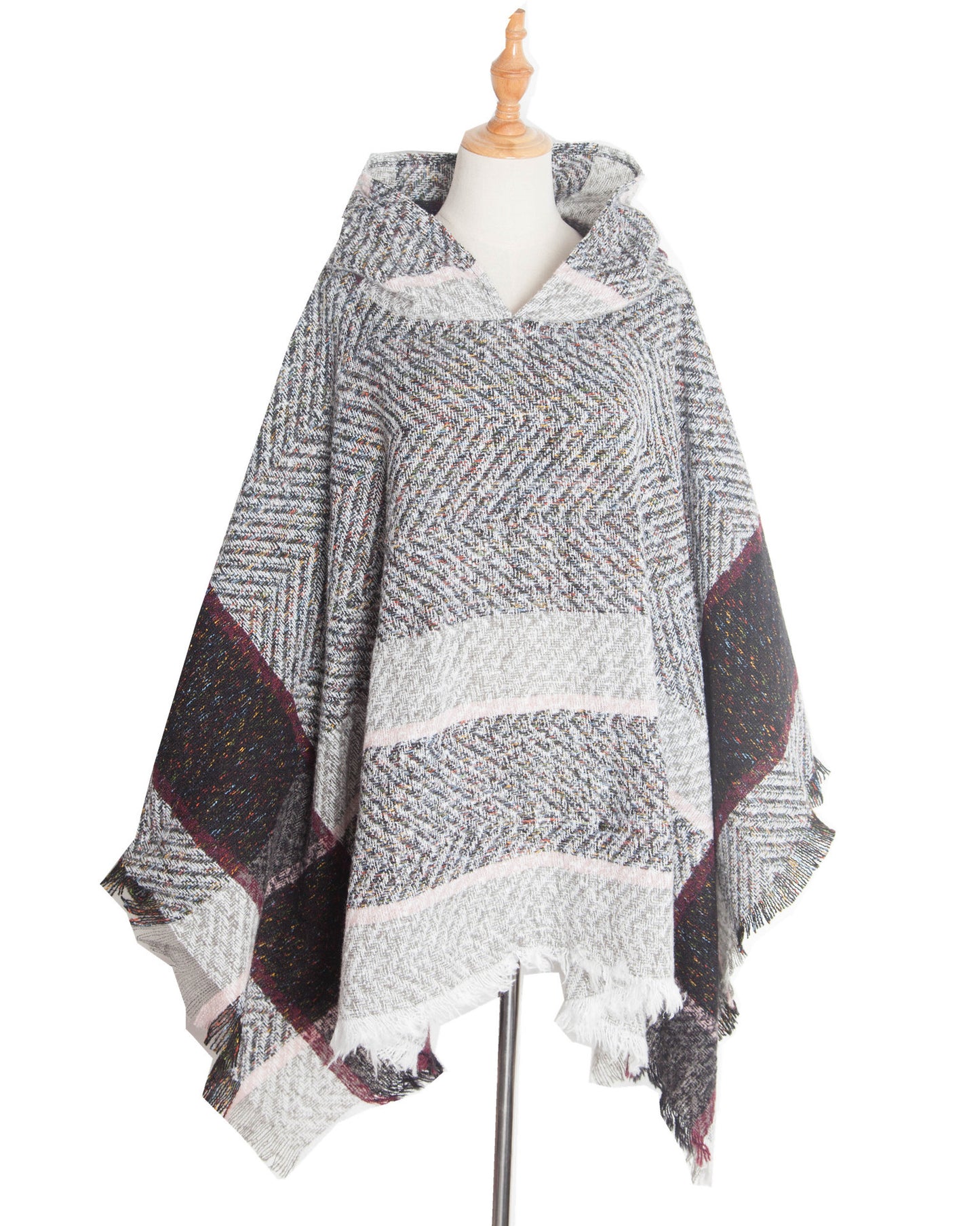 Fishbone Pattern Ladies Hooded Shawl Pullover Cloak