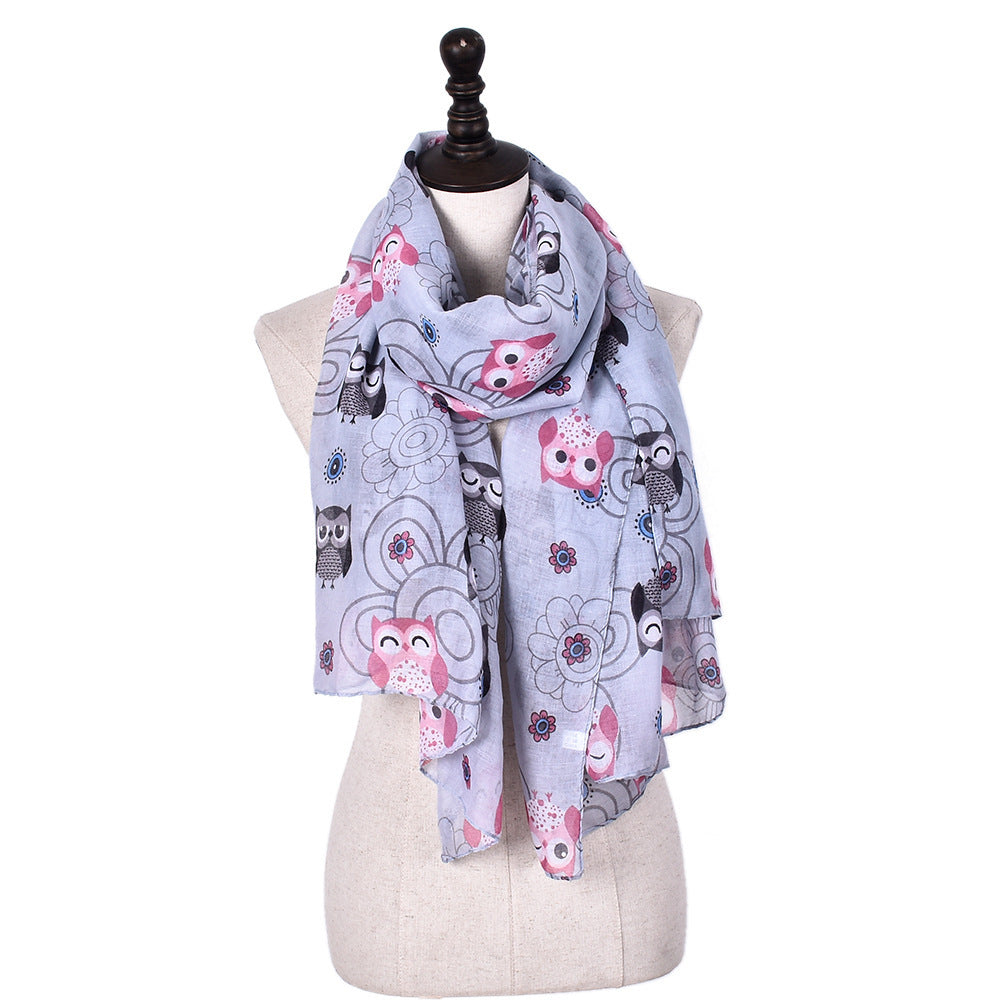 6 Color Cartoon Owl Print Shawl For Women