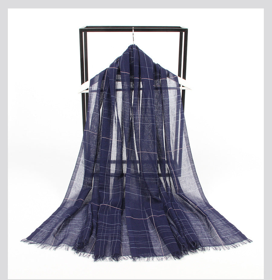 Spring And Summer Blended Yarn Cotton And Linen Plaid Lightweight Breathable Scarf