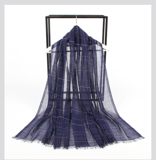 Spring And Summer Blended Yarn Cotton And Linen Plaid Lightweight Breathable Scarf