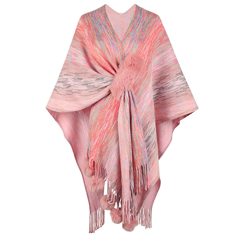 Contrast Color Wool Ball Tassel Knitted Shawl Coat For Women