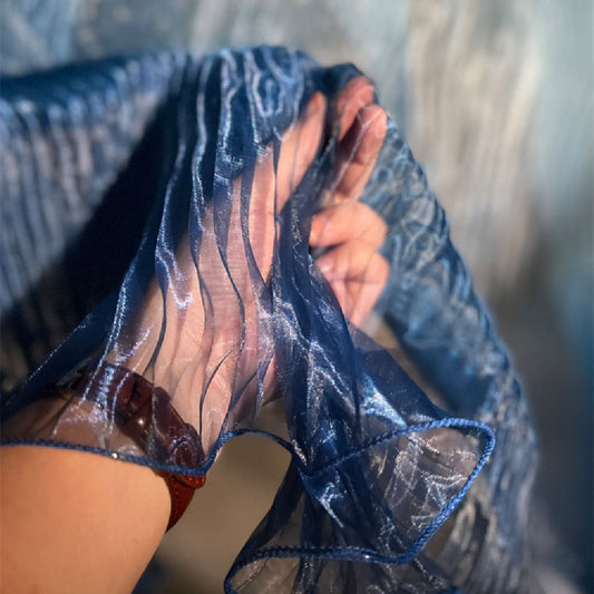 Blue Gradient Organ Pleated Large Wave Laser Organza Water Light Yarn Pleated Gown Fabric Designer Fabric