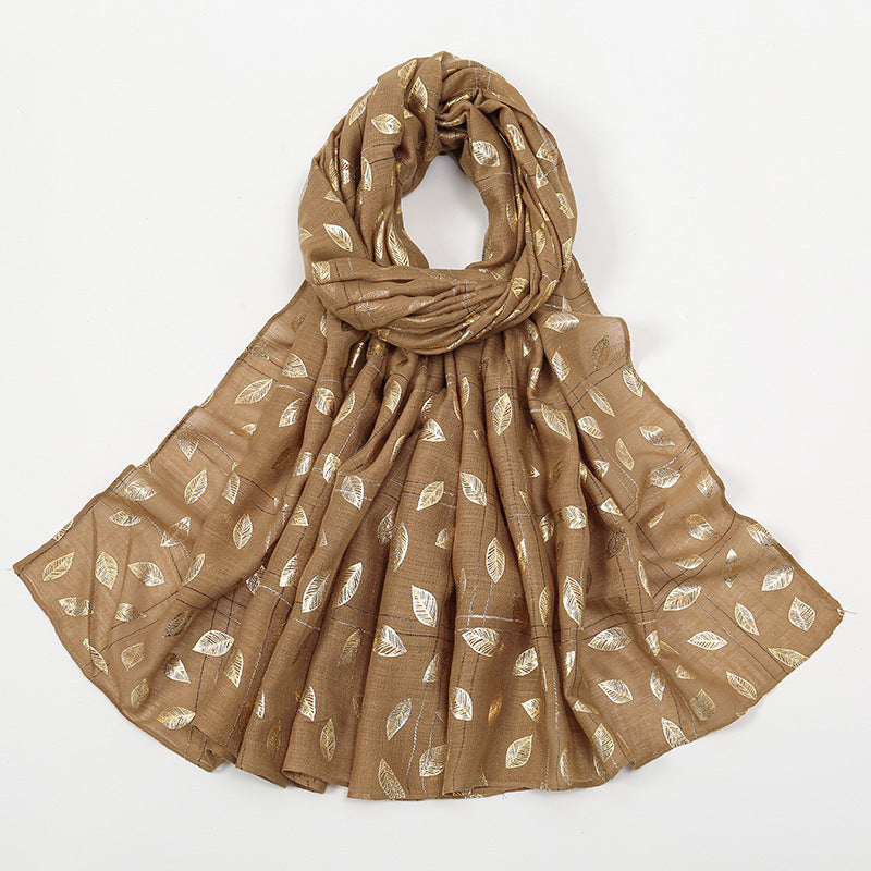 Leaves Bronzing Cotton And Linen Feel Scarf Thin